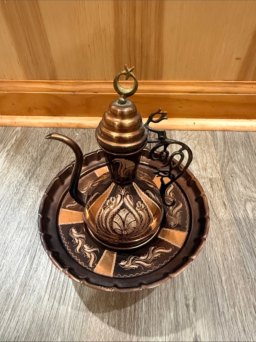 Ornate 3 pc Copper-Tone Decorative Teapot with Matching Tray